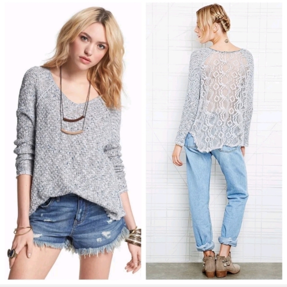 Free People Poppyseed Yarn Lace Back Light Knit Pullover Top size large